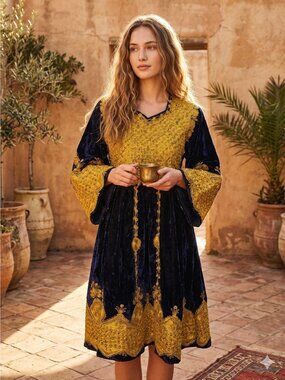 Vintage 80s Afghan Kuchi Dress Navy Blue Gold Embroidery Ethnic Tribal Women Med